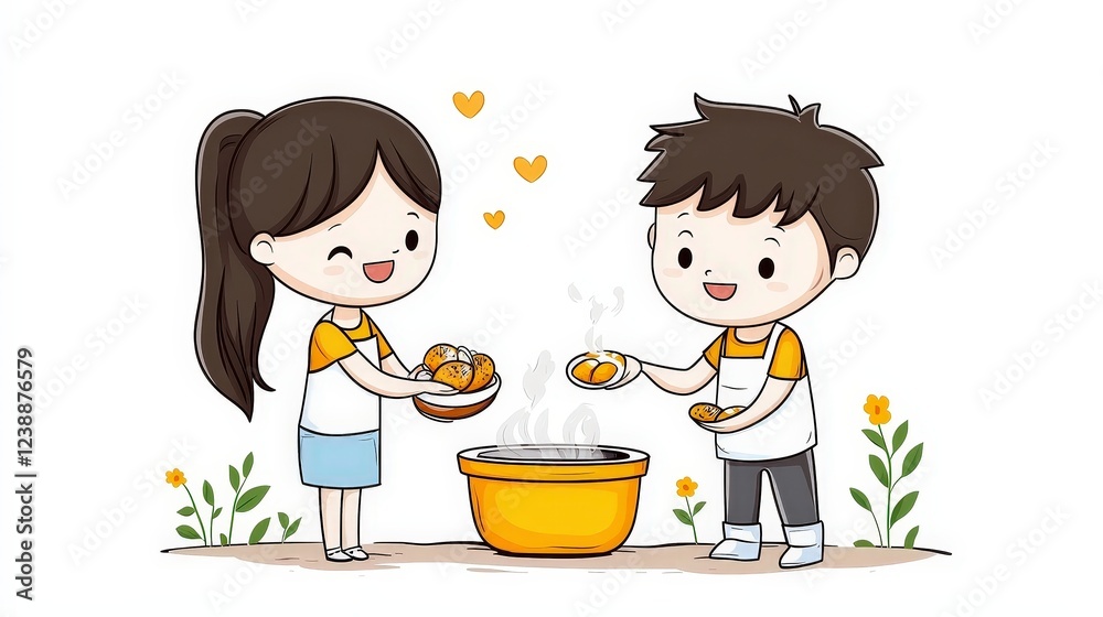 Young couple happily preparing food together in a bright kitchen with flowers and hearts Young couple happily preparing food together in a bright kitchen with flowers and hearts