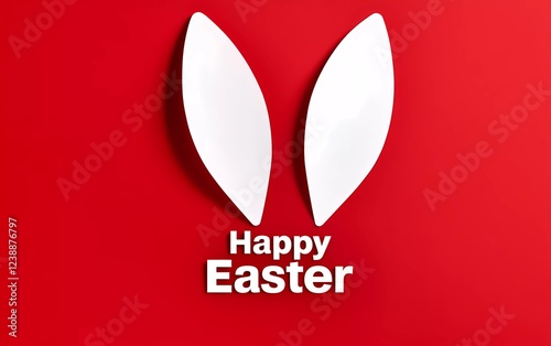 Red-Themed Happy Easter Bunny in Paper Cut Style: Festive Poster Design Material