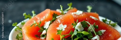 Freshly prepared salad with sliced tomatoes and seasonal greens topped with edible flowers photo