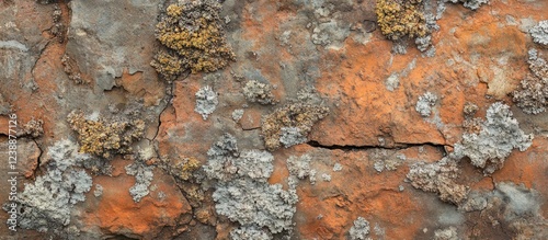 Textured surface of an aged wall covered with orange and gray lichen and moss with visible cracks and imperfections Copy Space photo