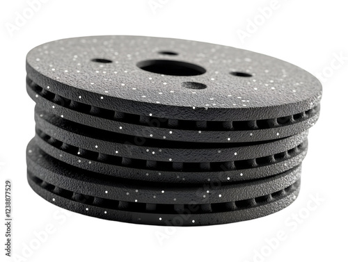 A stack of new brake rotors featuring a black metallic finish with a subtle sparkle and intricate details, isolated on transparent background, PNG, cut out photo