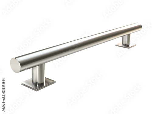 Stainless steel handrail with square base plates isolated on transparent background, PNG, cut out