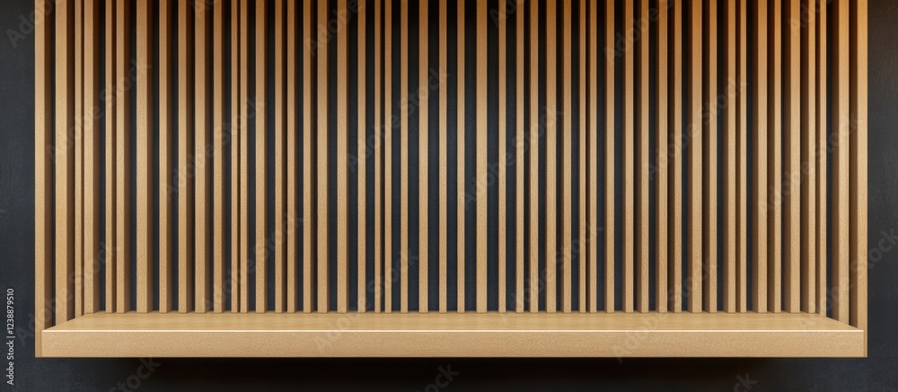 Modern wooden slatted panel with horizontal base on dark background Modern wooden slatted panel with horizontal base on dark background