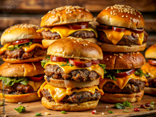 Tasty juicy cheeseburgers melted cheese, succulent beef patties, and crispy buns. Delicious food background photo