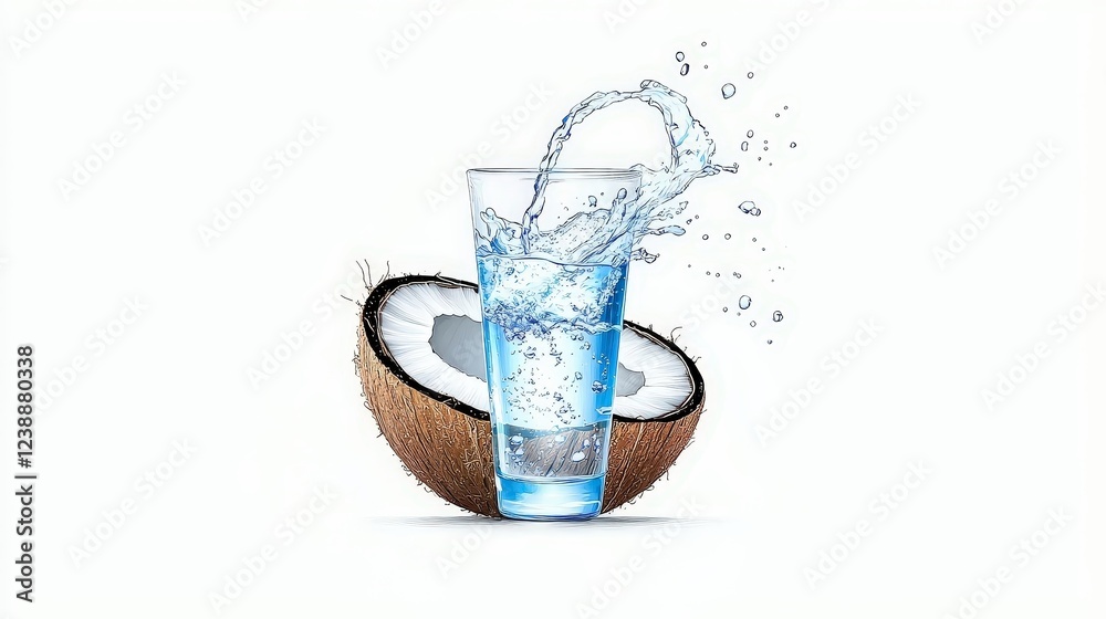 Fresh Coconut Water Splashing into a Glass from a Halved Coconut on a White Background Fresh Coconut Water Splashing into a Glass from a Halved Coconut on a White Background