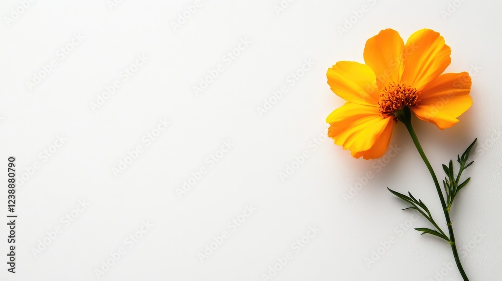 Fototapeta premium Bright yellow flower on white background with copy space on the left.