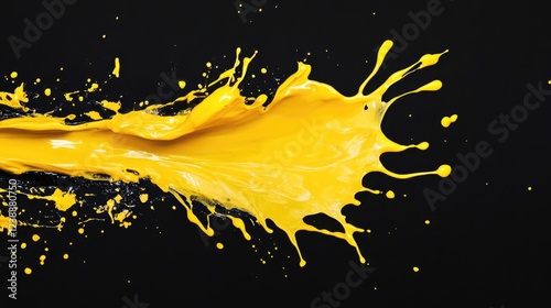 Yellow paint splash on black background with dynamic splash pattern and Copy Space