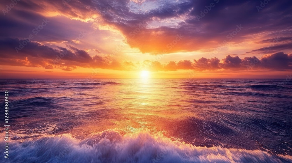 dramatic seascape with sun setting behind horizon, layered clouds reflecting vibrant orange and purple hues, gentle waves catching golden light, serene coastal atmosphere dramatic seascape with sun setting behind horizon, layered clouds reflecting vibrant orange and purple hues, gentle waves catching golden light, serene coastal atmosphere
