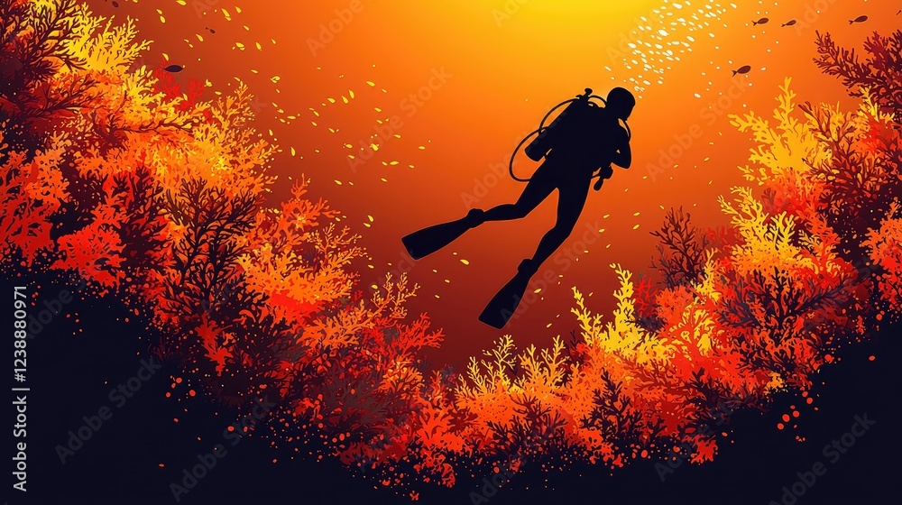Naklejka premium Diver Silhouette Amidst Vibrant Coral Reef