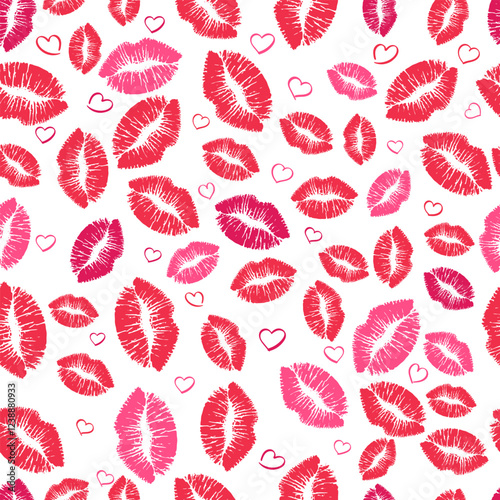 Fun and flirty seamless pattern of red and pink lipstick kisses on a white background. Perfect for Valentine's Day, romantic designs, or beauty and fashion projects.