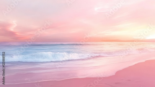 dreamy watercolor coastal scene, pastel sunset colors, gentle waves meeting sandy shore, wispy clouds, impressionistic style photo