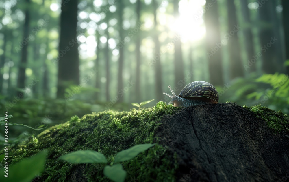 Snail in the Forest with Soft Backlight: A detailed, macro image of a snail on an old tree trunk. The tree trunk is covered with small patches of moss and lichen, with a soft Snail in the Forest with Soft Backlight: A detailed, macro image of a snail on an old tree trunk. The tree trunk is covered with small patches of moss and lichen, with a soft