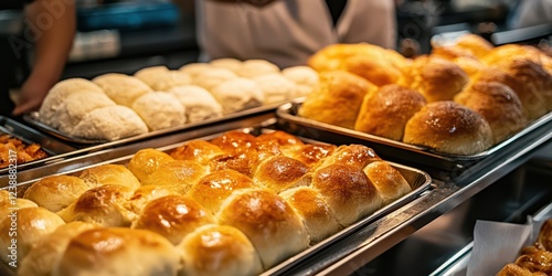 A tray of fluffy, defenseless rolls from the quaint restaurant, with white bread rolls on top and one or two large loaves of sweet butter buns underneath.  photo