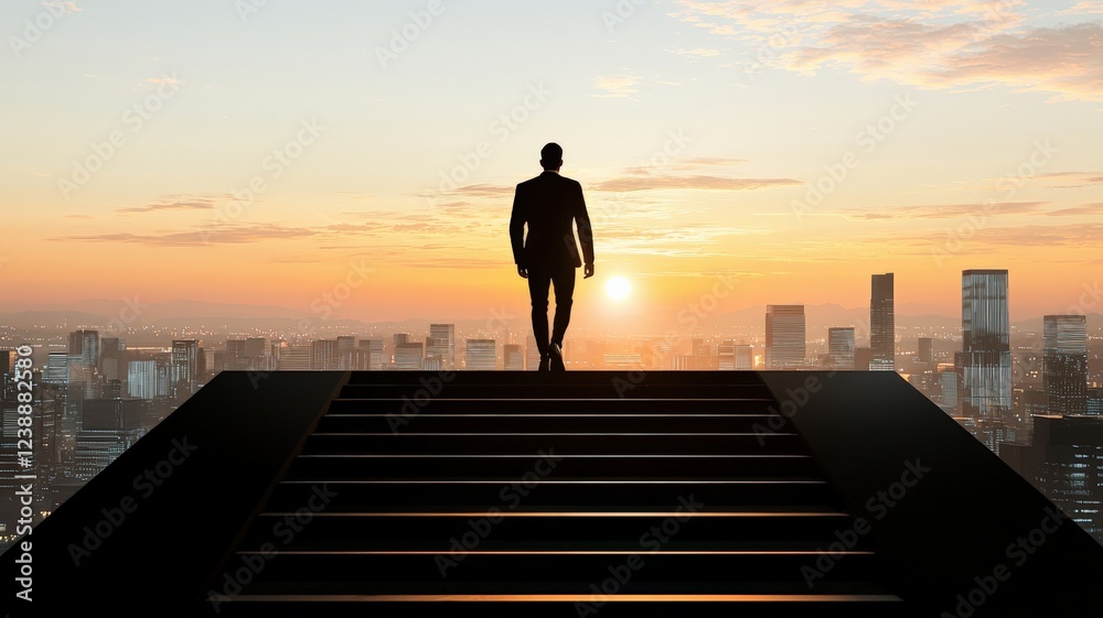 A silhouette of a man standing on stairs, gazing at a sunset over a city skyline, symbolizing ambition and new beginnings. A silhouette of a man standing on stairs, gazing at a sunset over a city skyline, symbolizing ambition and new beginnings.