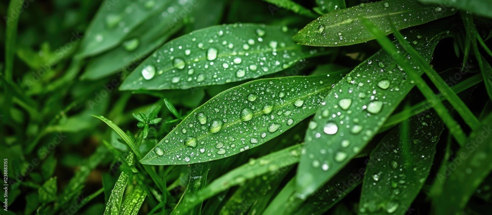 Close-up of green leaves with water droplets in natural setting Close-up of green leaves with water droplets in natural setting