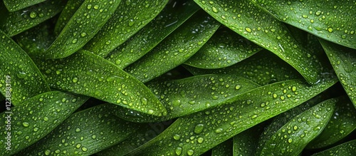 Fresh green leaves with water droplets close-up texture background