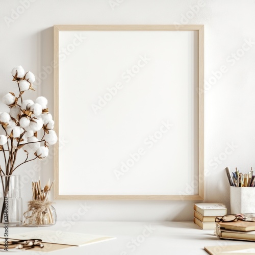 Blank frame mockup on minimalist desk with cotton flowers and stationery.