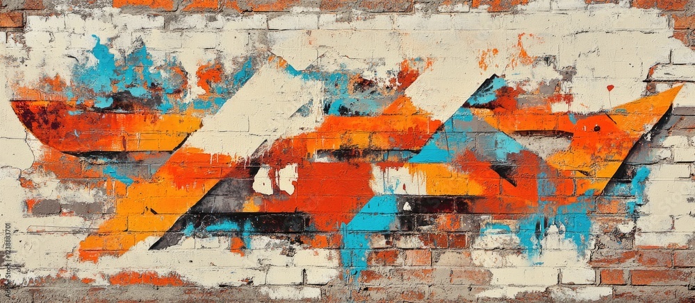 Fototapeta premium Abstract street art graffiti on brick wall with bold geometric shapes in orange, blue, and white tones.