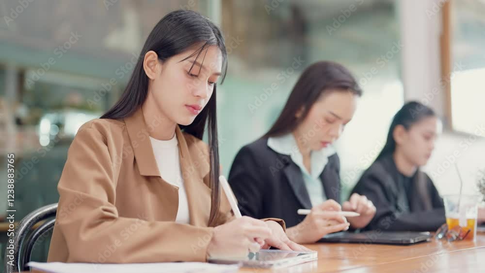 Three women are sitting at a table, each with a laptop and a tablet. One woman is writing on a piece of paper with a pen. Scene is focused and professional, as the women are working on their laptops Three women are sitting at a table, each with a laptop and a tablet. One woman is writing on a piece of paper with a pen. Scene is focused and professional, as the women are working on their laptops