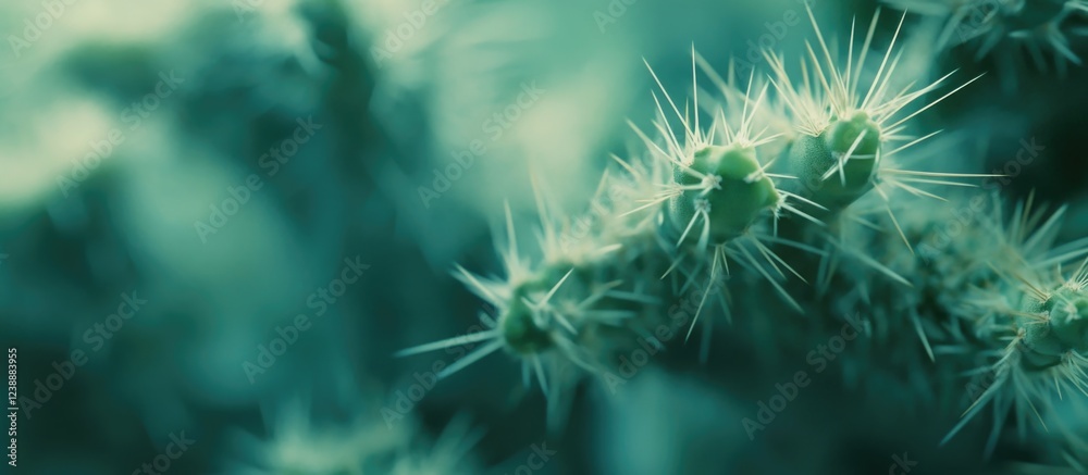 Close-up view of green cactus spines with blurred background and soft lighting Close-up view of green cactus spines with blurred background and soft lighting