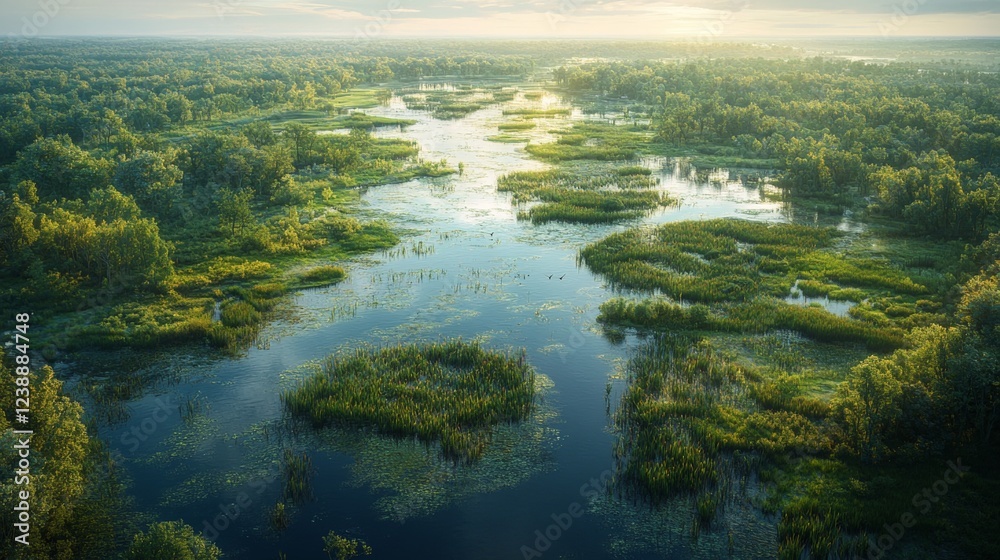 Aerial photography of wetlands in the early morning Aerial photography of wetlands in the early morning