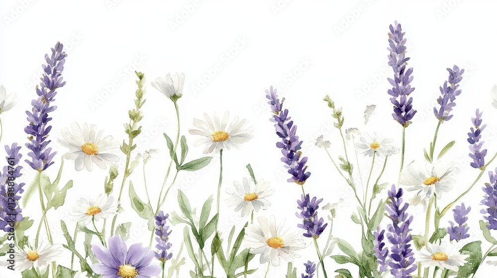 Naklejka premium enchanting wildflower meadow watercolor border design, featuring delicate purple lavender and white daisies dancing along soft green stems