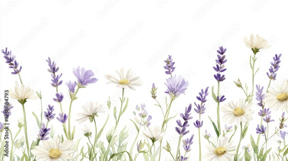 Naklejka premium enchanting wildflower meadow watercolor border design, featuring delicate purple lavender and white daisies dancing along soft green stems