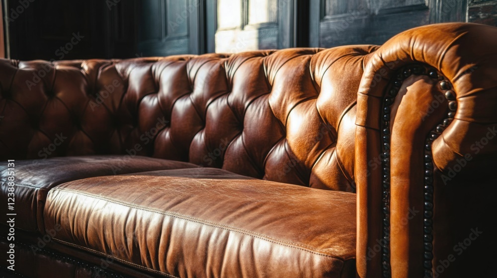 Obraz premium Luxurious Brown Leather Chesterfield Sofa in Vintage Interior Setting