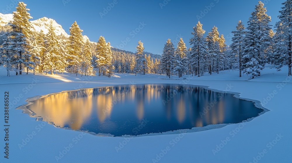 Fototapeta premium Winter Wonderland Frozen Lake Beauty Snow-Covered Forest Landscape Photography Serene Nature Captivating Reflection