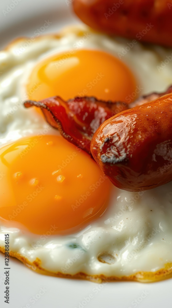 Breakfast plate with sunny side up eggs, crispy bacon, and sausage links on a white dish Breakfast plate with sunny side up eggs, crispy bacon, and sausage links on a white dish