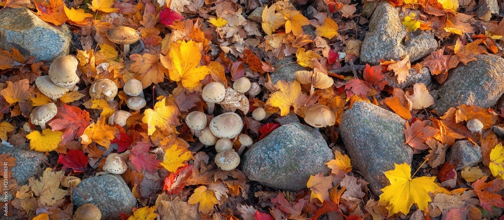 Colorful autumn leaves and mushrooms scattered on rocky forest ground Colorful autumn leaves and mushrooms scattered on rocky forest ground