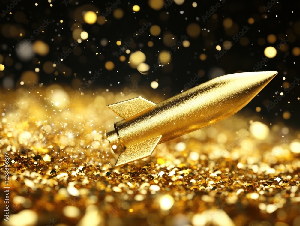 Golden rocket soaring through glittering particles. Golden rocket soaring through glittering particles.