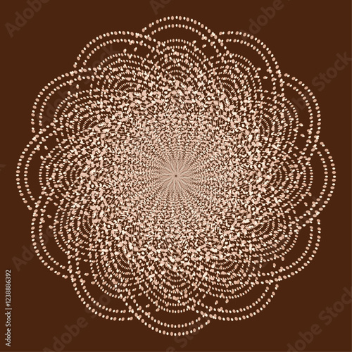 Intricate circular design with concentric dots on rich brown Mocha Mousse background. Geometric patterns. Artistic symmetry. Chocolate cute print. Harmonious visual effect. Luxury card. Dotted flower.