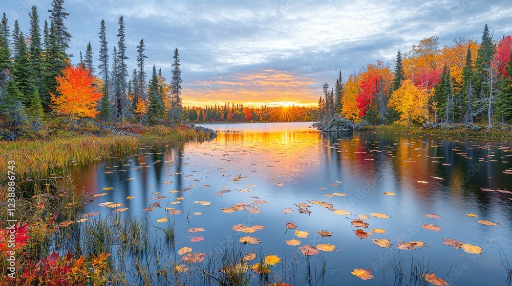 Obraz premium Autumn Lake Sunset Over Fall Foliage Serene Nature Scene Tranquil Environment Vibrant Colors Scenic Viewpoint