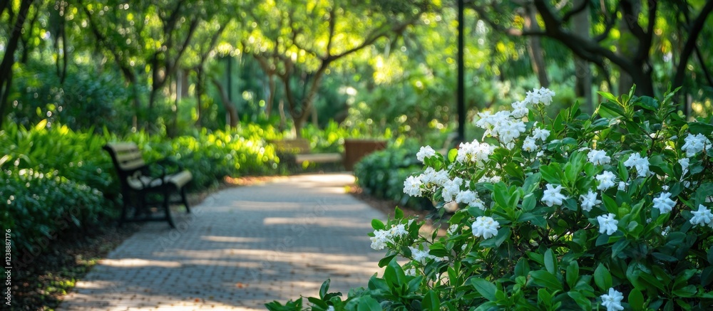 Park pathway lined with blooming white flowers and trees. Park pathway lined with blooming white flowers and trees.