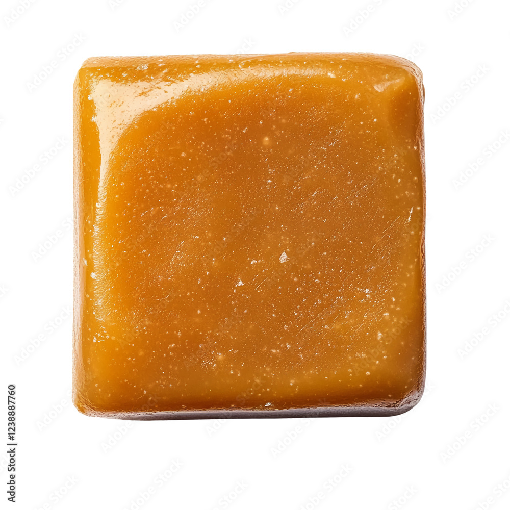 Caramel square resting on a clean surface with a smooth texture, showcasing a rich golden color and glossy finish Caramel square resting on a clean surface with a smooth texture, showcasing a rich golden color and glossy finish