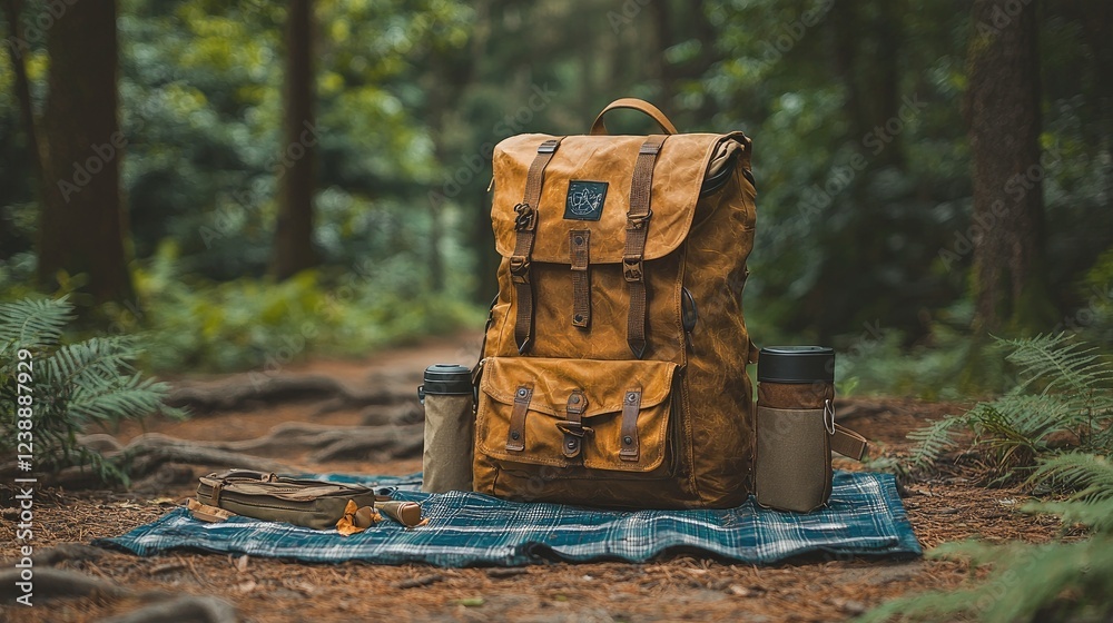 Fototapeta premium Rustic Backpack Outdoors With Travel Accessories