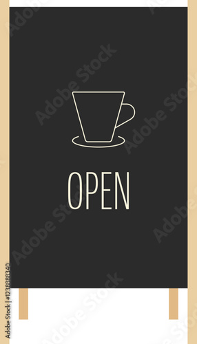 Illustration of a open shop sign with a cup symbol. Coffee shop or Cafe sign. 