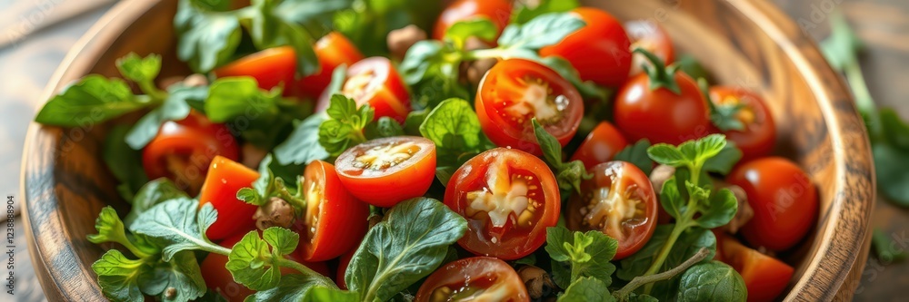 Fresh garden salad with cherry tomatoes and leafy greens in a wooden bowl Fresh garden salad with cherry tomatoes and leafy greens in a wooden bowl