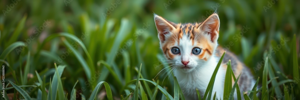 Playful kitten explores lush green grass in a sunny garden setting during the afternoon Playful kitten explores lush green grass in a sunny garden setting during the afternoon