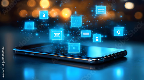 image of a digital network linking mobile devices with security and management features glowing in blue tones 