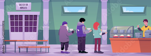 Vector illustration of homeless people standing in a shelter in line for food.