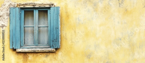 Rustic blue window on textured yellow wall with copy space