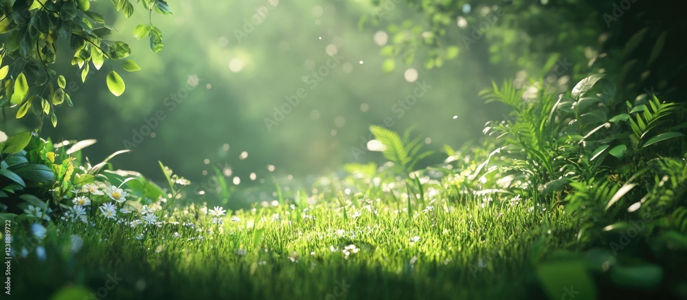 Sunlit forest clearing with lush green grass and foliage, blurred background with bokeh effect, nature scenery. Sunlit forest clearing with lush green grass and foliage, blurred background with bokeh effect, nature scenery.