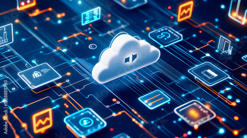 illustration of cloud-based mobile device management with various devices connected through encrypted signals 