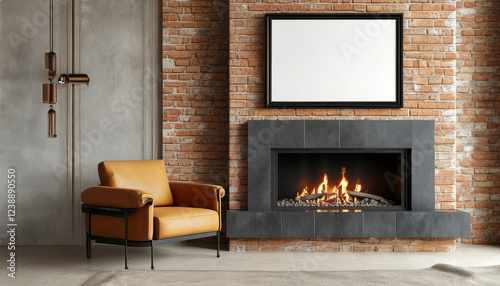 Blank picture frame mock up, Modern frame empty white canvas hanging on the wall in a luxury mansion over the fireplace, minimal mockup frame on brick wall, wall art presentation template