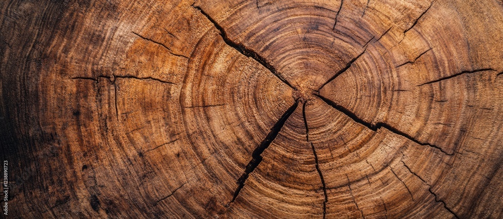 Naklejka premium Close-up of weathered tree trunk cross-section with visible growth rings and deep cracks