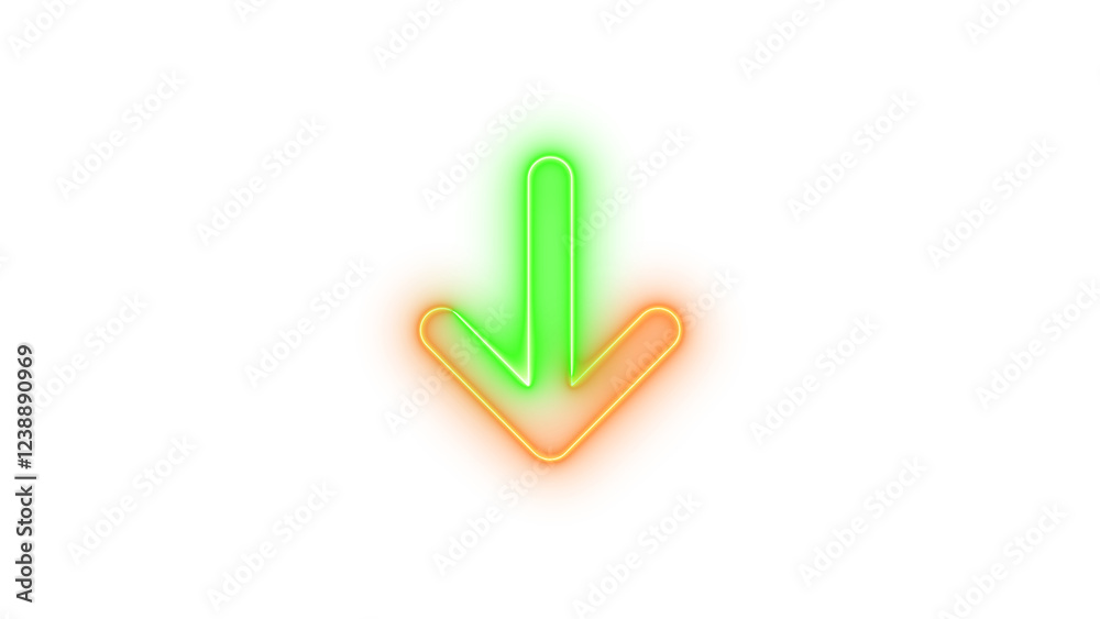 Neon arrow down icon brown green color glowing with transparent background