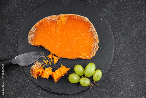 Aged cheese Mimolette or cheddar fresh tasty food dish gourmet food background on the table rustic food top view copy space