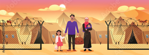 Refugee camp people in desert, family refugees in tent shelter for homeless people, vector outdoor immigrant residence